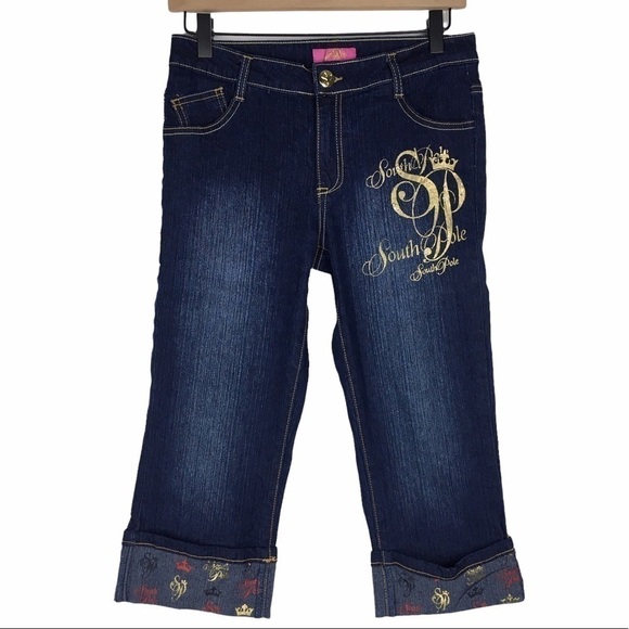 SOUTH POLE Capri Jeans Cuffed Rhinestones Metallic Dark Wash Denim Size 16 Girls - Picture 14 of 14